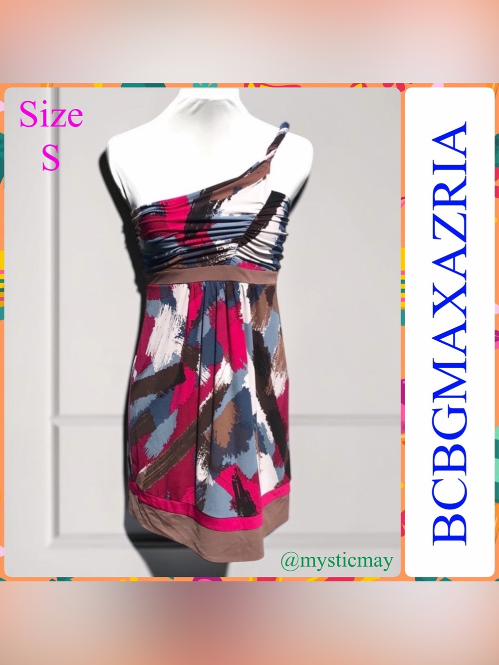 BCBG MAXAZRIA One Shoulder Cranberry Multicolor Couture Cocktail Dress Size S